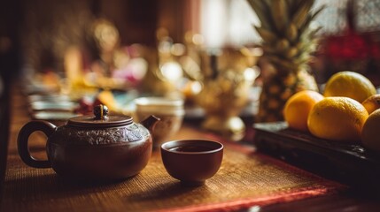 Tea Ceremony Setup on Blurred Background with Warm Amber Tones