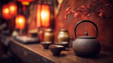 Tea Ceremony Setup on Blurred Background with Warm Amber Tones