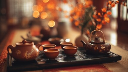 Tea Ceremony Setup on Blurred Background with Warm Amber Tones