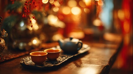 Tea Ceremony Setup on Blurred Background with Warm Amber Tones