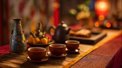 Tea Ceremony Setup on Blurred Background with Warm Amber Tones