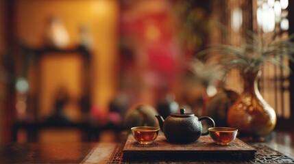 Tea Ceremony Setup on Blurred Background with Warm Amber Tones