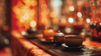 Tea Ceremony Setup on Blurred Background with Warm Amber Tones