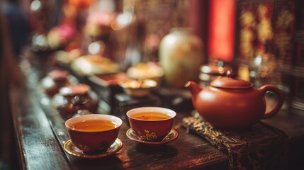 Tea Ceremony Setup on Blurred Background with Warm Amber Tones