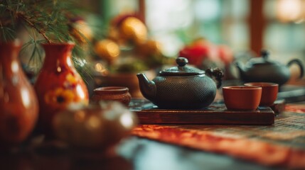Tea Ceremony Setup on Blurred Background with Warm Amber Tones