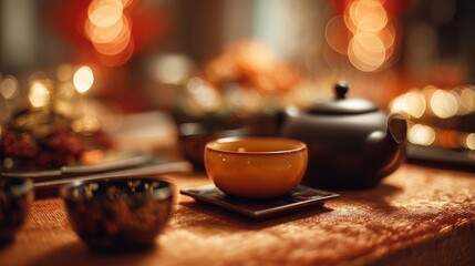 Tea Ceremony Setup on Blurred Background with Warm Amber Tones