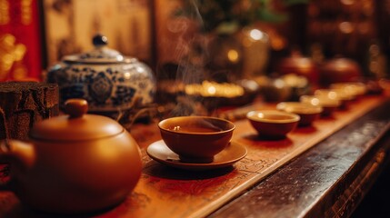 Tea Ceremony Setup on Blurred Background with Warm Amber Tones