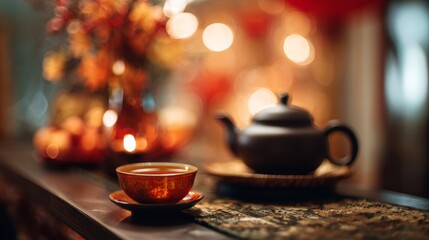 Tea Ceremony Setup on Blurred Background with Warm Amber Tones