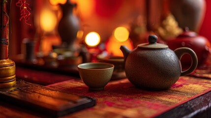 Tea Ceremony Setup on Blurred Background with Warm Amber Tones