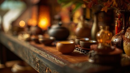 Tea Ceremony Setup on Blurred Background with Warm Amber Tones
