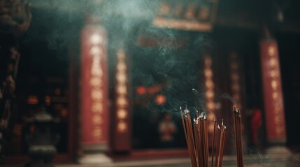 Temple Incense Smoke on Blurred Background with Mystical Atmosphere