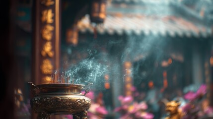 Temple Incense Smoke on Blurred Background with Mystical Atmosphere