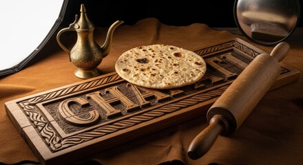 Traditional Chapati Flatbread on Camel Leather with Antique Rolling Pin and Acacia Sign