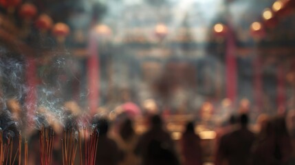 Temple Incense Smoke on Blurred Background with Mystical Atmosphere