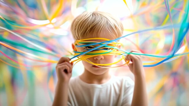 Youngster surrounded by chaotic swirls representing awareness and creativity faceless child defocused vibrant background developmental condition visualization creative