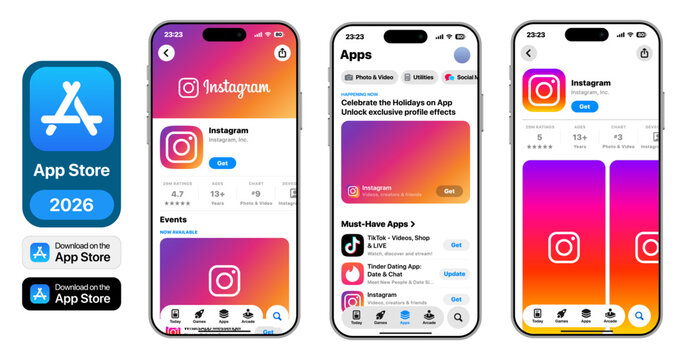 Instagram App Store Listing UI Mockup 2026 Showing iOS App Store Interface Featured App Page Download Buttons Ratings App Preview Screens and iPhone Smartphone Display