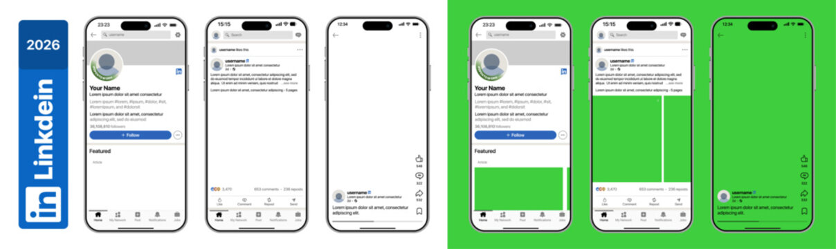 LinkedIn Mobile App UI Mockup 2026 on iPhone 17 Pro Max Showing Profile Page Post Feed PNG Transparent & Green Screen Content Like Comment Repost Share Buttons Professional Network Interface