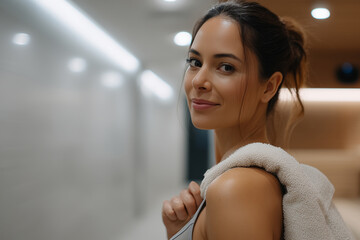 Young woman in sportswear standing and holding white towel after sports workout in modern sport center. Active lifestyle, fitness, wellness concept