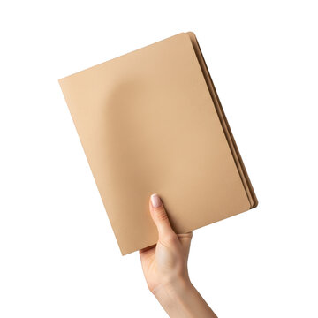 Hand holding a brown cardboard folder, isolated on transparent background