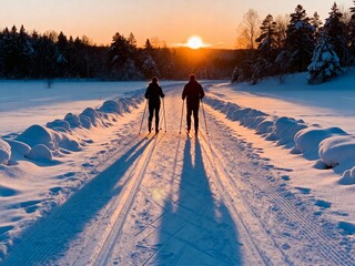 Two people cross-country skiing along a snow-covered trail at sunset in a serene winter landscape surrounded by trees in a quiet natural setting