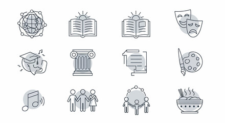 Collection of outline icons representing various fields of study and culture.