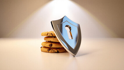 Digital security concept with cookies and a metallic shield on a neutral background, internet privacy protection, data safety, online security metaphor, cookie consent cybersecurity imagery