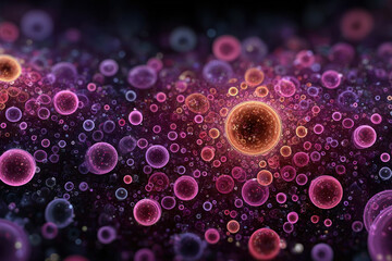 An abstract macro image featuring numerous glowing spheres and bubbles floating in a dark space.  