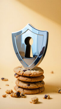 Stack of chocolate chip cookies with broken crumbs and chrome shield with keyhole on pastel background, reflecting privacy-first digital trends, consent mode v2, cookieless future and data protection