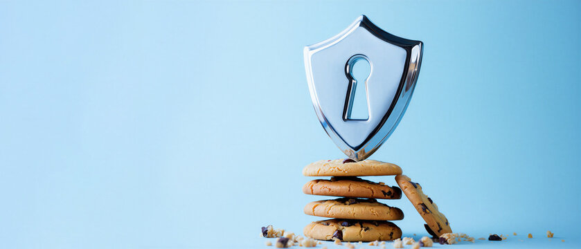 Cookies and cybersecurity concept with shield and keyhole representing internet privacy on blue background