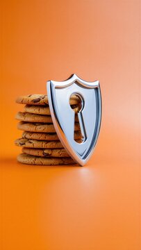 Data privacy cookie protection with chrome shield, cybersecurity lock metaphor on orange background, internet tracking restriction, personal information safety, browser cookie control