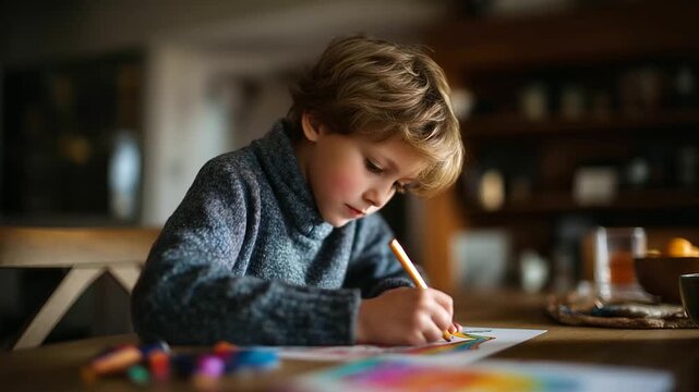Focused youngster coloring rainbow design at home surface faceless child defocused table background creativity expression scene artistic development moment inclusive learning
