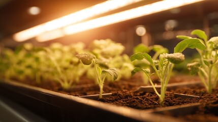 Plants grow under light in a greenhouse at dawn in a nurturing environment