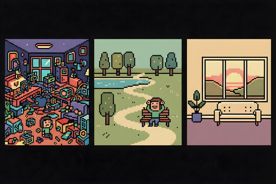 Retro pixel art triptych showing room park and living space