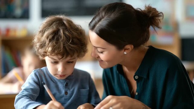 Joyful youngster studies learns plays with educator in classroom faceless child teacher defocused supportive background inclusive education environment happy special needs scho