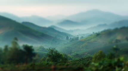 Obraz premium Coffee plantation hills blurred background with misty morning fog