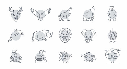 Collection of various animal illustrations in a minimalist line art style. © Heruu