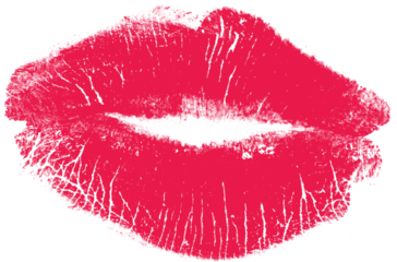 Red lip kiss print with makeup stain and pucker form. Isolated png icon on transparent background for romantic design.