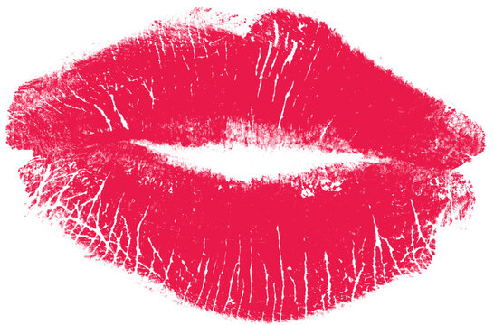 Red lip kiss print with makeup stain and pucker form. Isolated png icon on transparent background for romantic design.