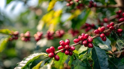 Coffee trees blurred background with vibrant red coffee cherries
