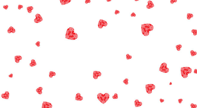 Romantic falling red heart confetti on white background. Minimalist flat vector illustration pattern for Valentine's Day, wedding celebrations, love themes, and decorative wallpaper design.