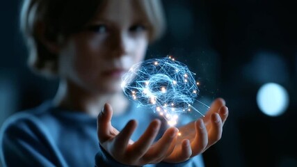 Youngster captivated by luminous holographic brain projection faceless child defocused futuristic background cognitive visualization scene neurological education moment brain - Powered by Adobe