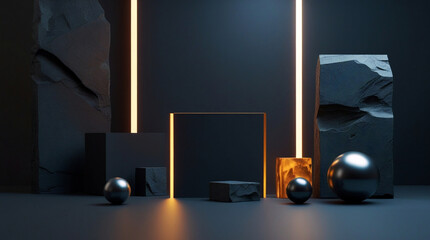 Dark Minimalist Geometric Background With Stone Blocks and Metallic Spheres for Luxury Product Presentation, Modern Brand Advertising, Abstract Commercial Design and Premium Marketing Visuals