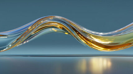 Abstract 3D glass wave with golden liquid core on blue background