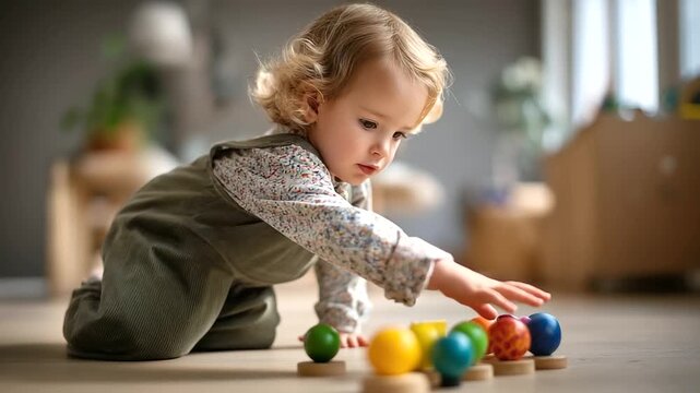 Toddler playing with colorful wooden educational toys on light floor faceless youngster defocused background developmental play scene learning material interaction cognitive