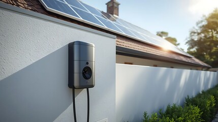 Modern Electric Vehicle Charging Station Installed on a Residential Home with Solar Panels