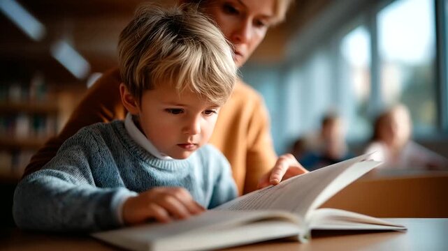 Educator helps young student reading book in classroom faceless teacher child defocused educational background pointing to page while youngster looks at words literacy instruct