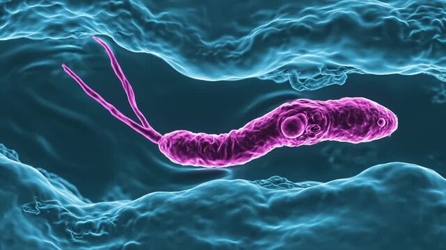Helicobacter Pylori Bacteria Floating in Acidic Environment, Microscopic View