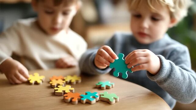 Young youngsters hands playing with colorful jigsaw puzzle faceless children defocused wooden table background educational game enhancing motor skills cognitive development ear