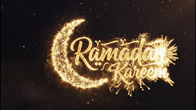 A shimmering golden crescent moon and elegant 'Ramadan Kareem' particles creating a beautiful festive greeting animation concept