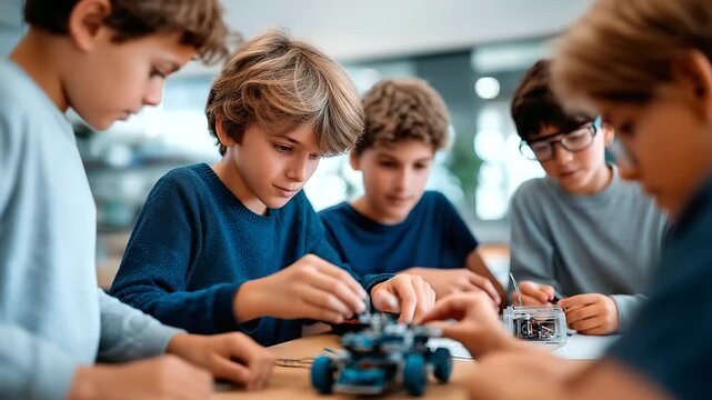 Collective of students engaged robotics project workshop faceless youngsters defocused learning background children build robots learning engineering coding skills collaborate